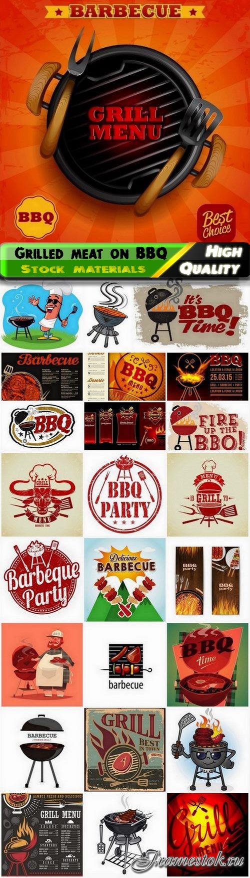 Grilled meat on BBQ and barbecue label and logo - 25 Eps