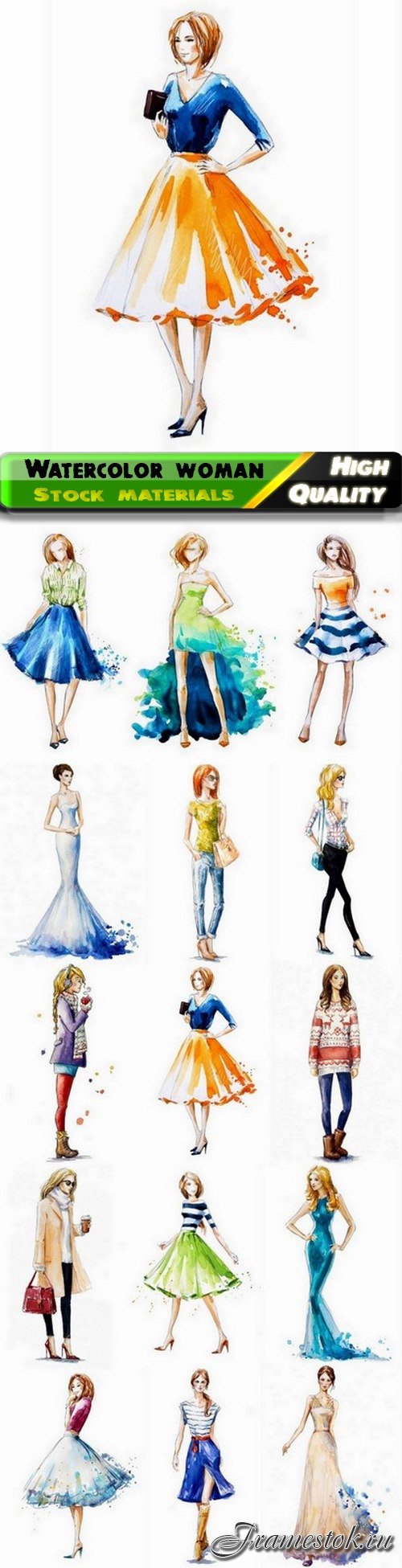 Watercolor sketch fashionable woman and stylish girl picture - 15 HQ Jpg