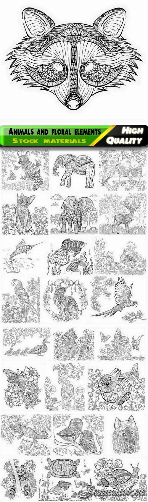 Coloring book with animals and floral elements - 25 Eps