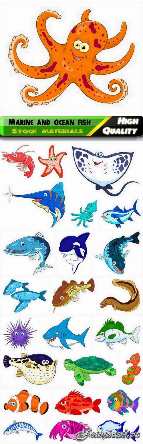 Cute marine and ocean fish and animals illustration - 25 Eps