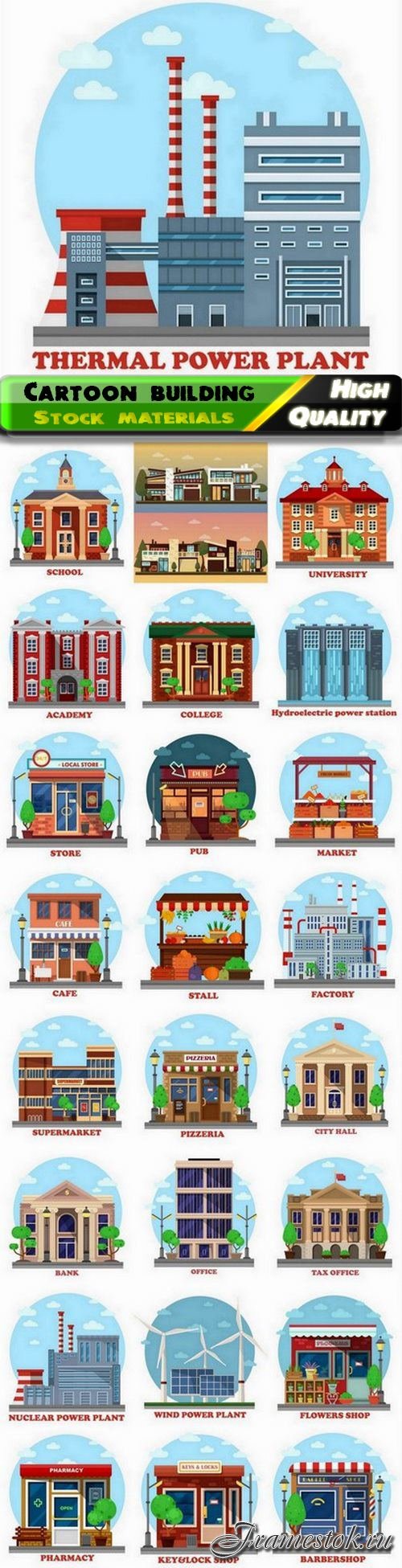 Flat facade of cartoon building and structures - 25 Eps