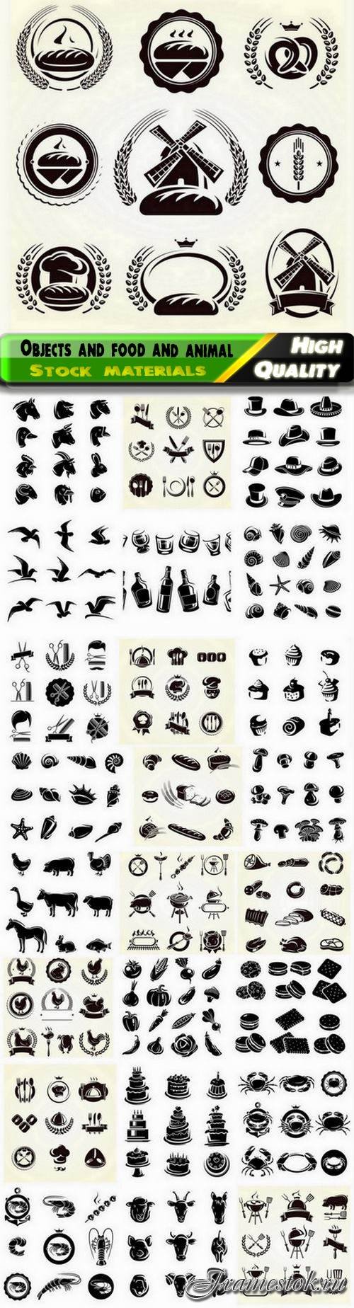 Set of different objects and food and animal icon silhouettes - 25 Eps