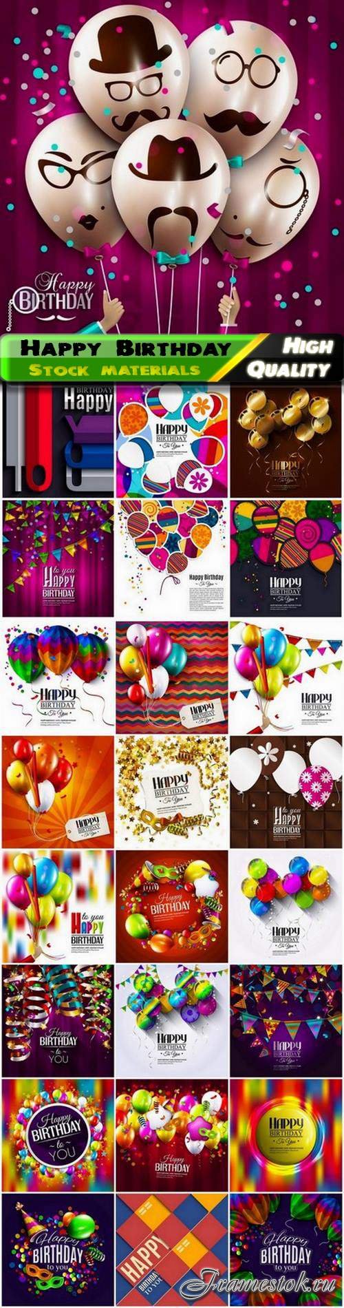 Happy Birthday holiday card with balloon flag confetti - 25 Eps