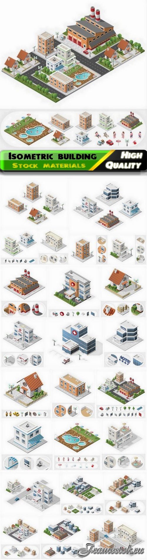 Isometric building and factory and skyscraper and store - 25 Eps