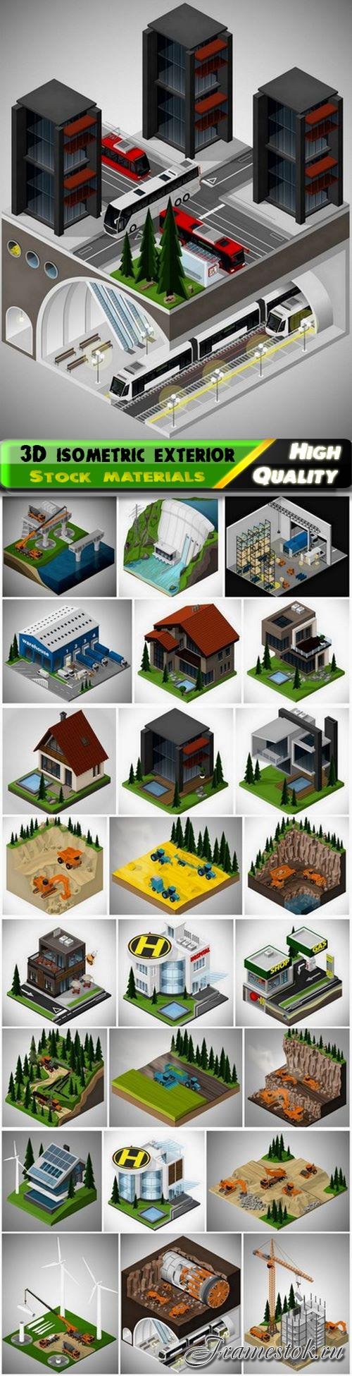 3D isometric exterior buildings and nature landscape and field 25 Eps