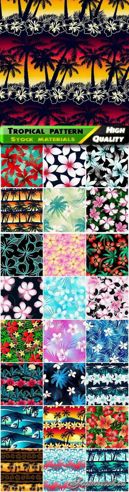 Tropical seamless pattern with palm tree flower beach wave - 25 Eps