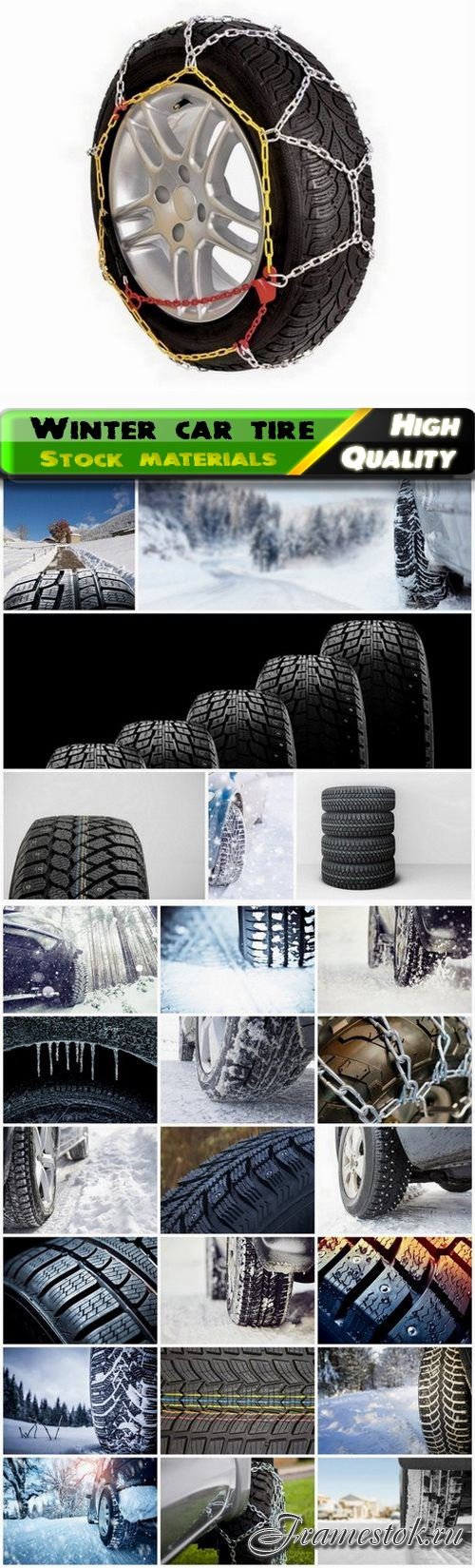 Winter car studded tire with chain on road with snow - 25 HQ Jpg