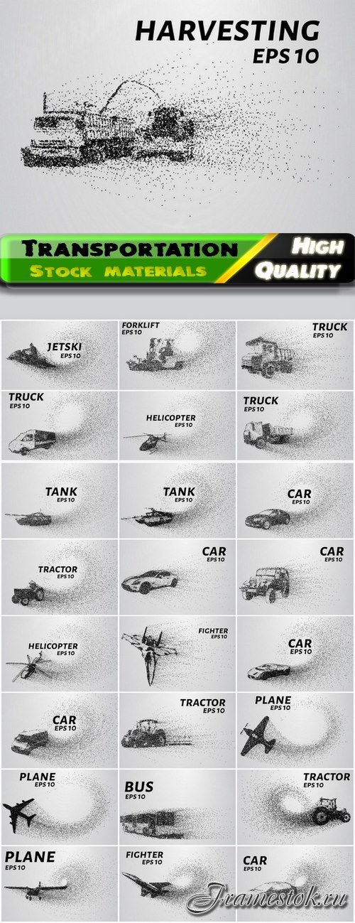 Transportation in dots style set car truck airplane bus helicopter 25 Eps