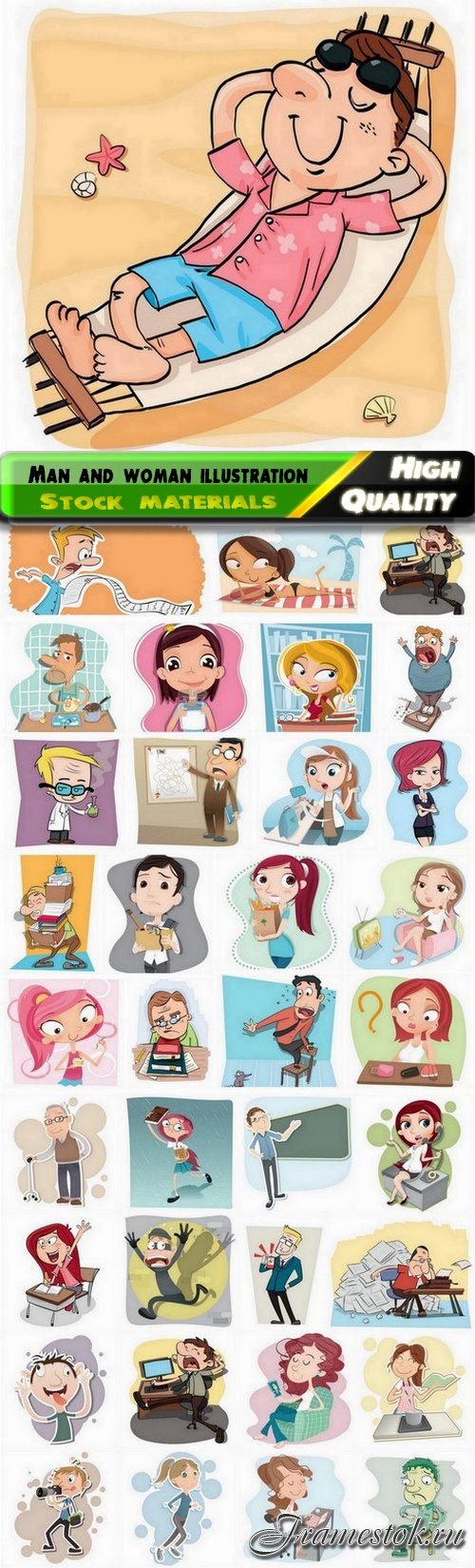 Funny man and woman illustration of different profession - 35 Eps