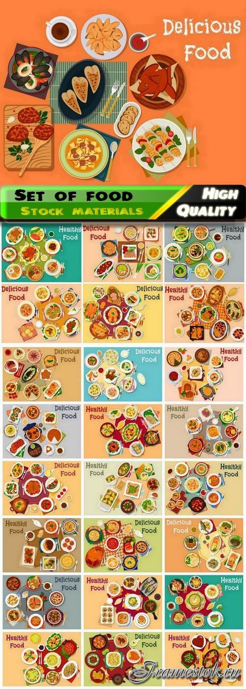 Set of healthy and delicious food in dishes top view 25 Eps