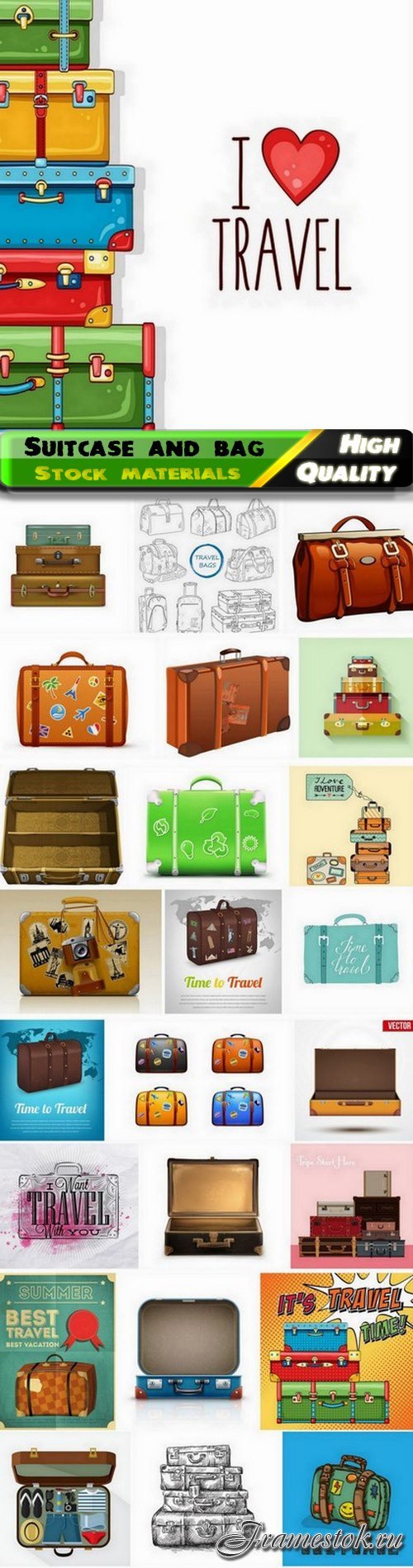 Old retro vintage suitcase and travel bag for holiday vacation 25 Eps