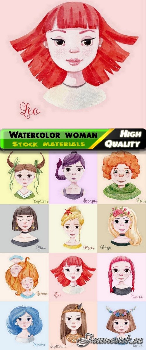 Beautiful watercolor illustration of woman and girl zodiac sign 12 Eps