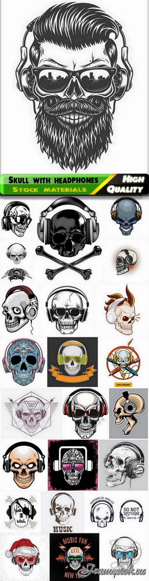 Skull with headphones for t-shirt print and clothes design 25 Eps