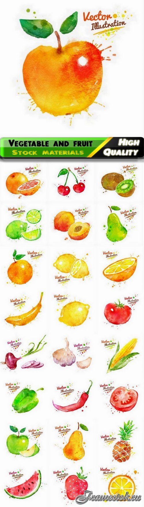 Grunge watercolor vegetable and fruit healthy food 25 Eps