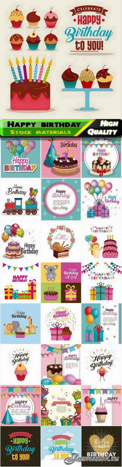 Happy birthday card with holiday cake gift box confetti balloons 25 Eps