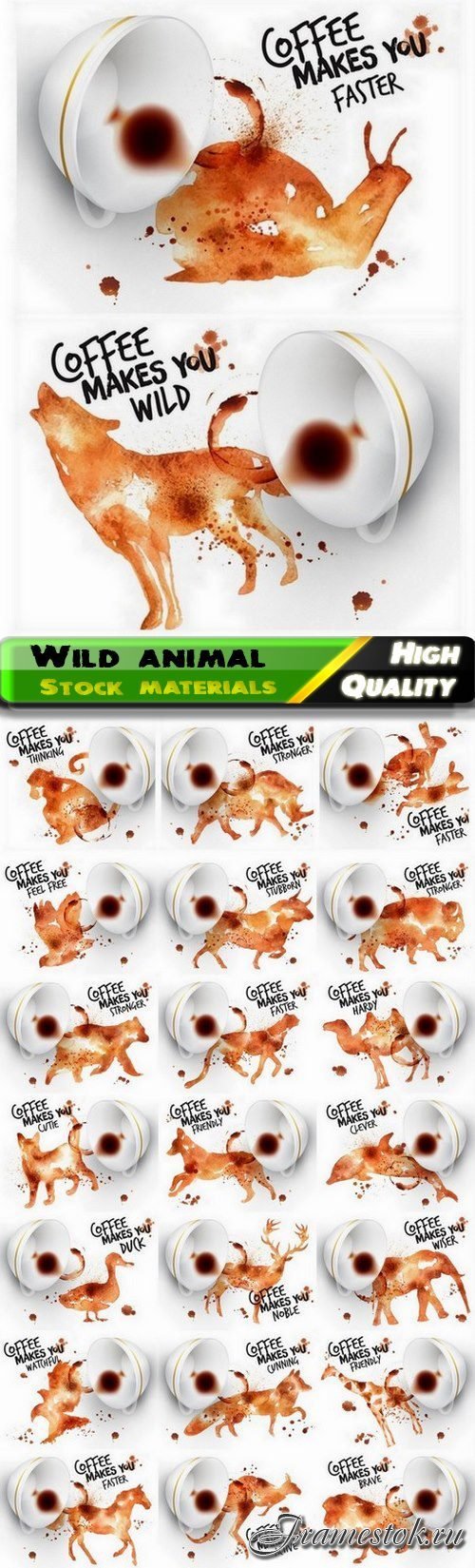 Wild animal illustration from coffee splatter and splashes 23 Eps