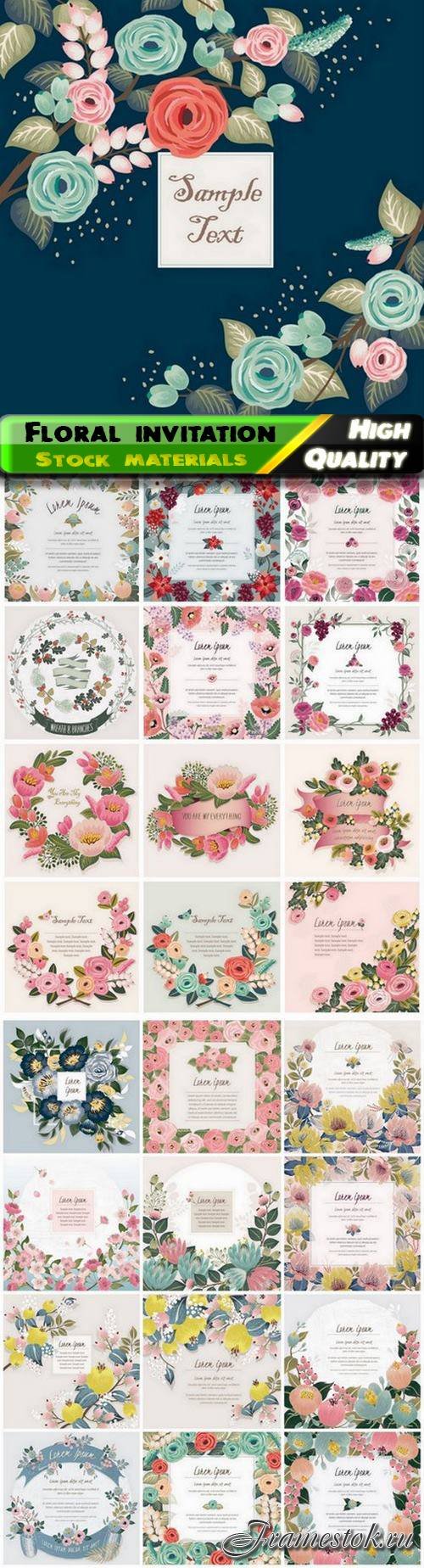 Floral wedding invitation card with wild flowers and leaves 25 Eps