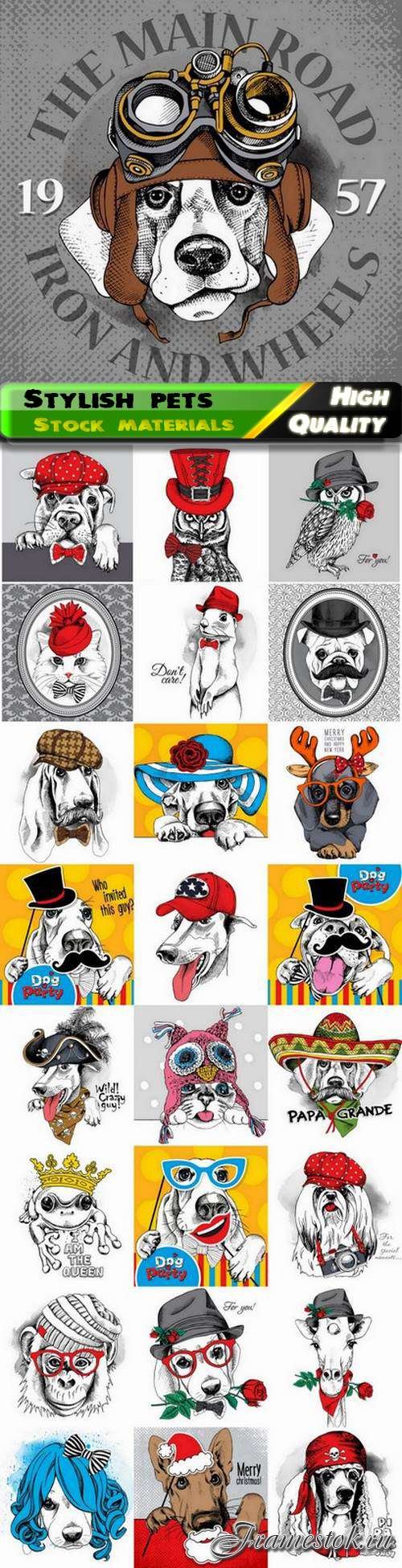 Cute dressed wild animal and pet in hipster style 25 Eps