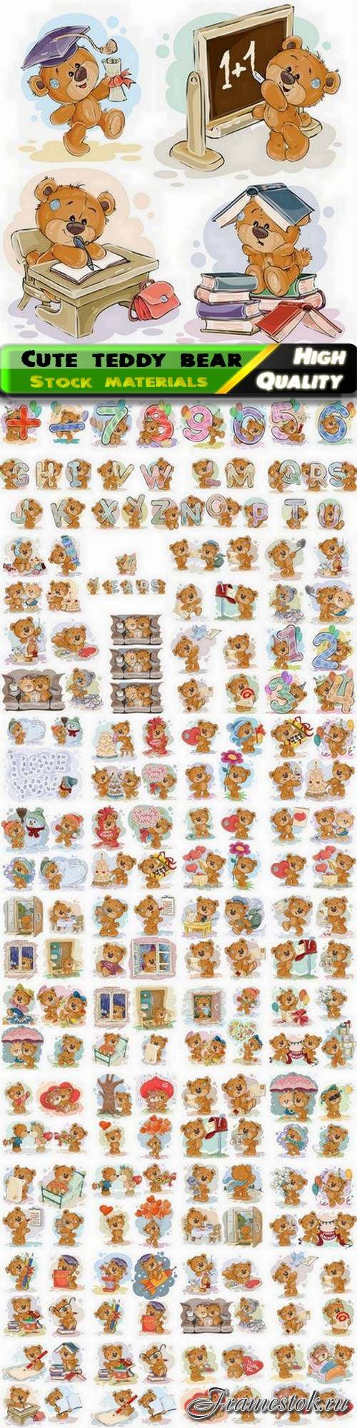Cute teddy bear soft toy illustration with letters and numbers 50 Eps