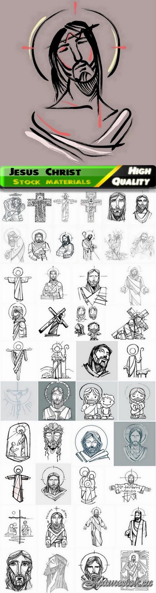Hand drawn sketches of Jesus Christ and Christian religion 45 Eps