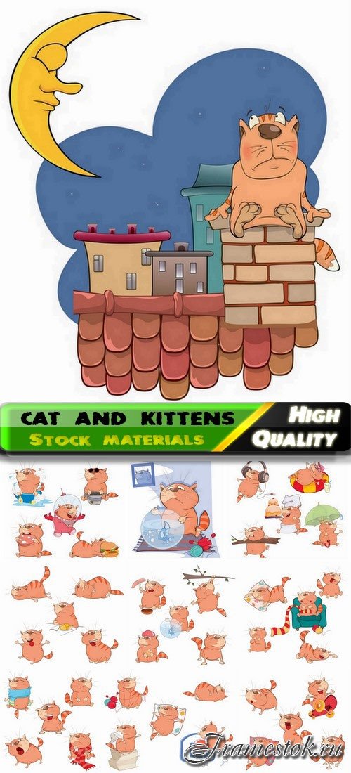 Funny domestic animal cartoon cat and kittens illustration 10 Eps