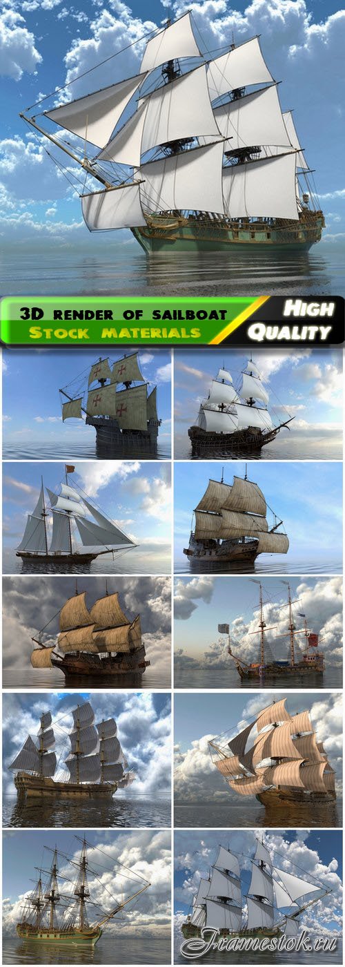 3D rendered illustration of old ocean sailboat and ship 12 HQ Jpg