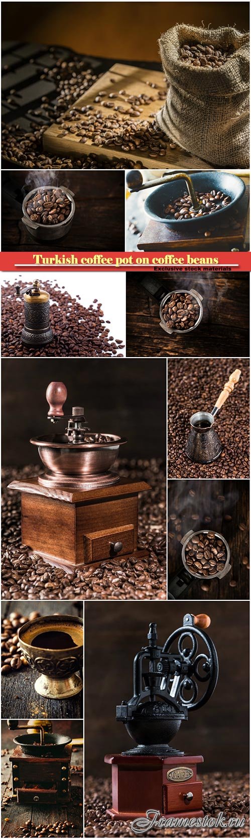 Turkish coffee pot on coffee beans, coffee mill