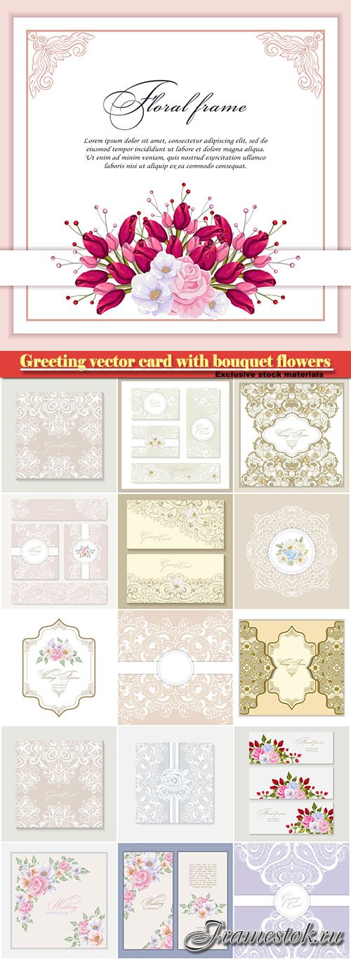 Greeting vector card with bouquet flowers for wedding, birthday and other holidays