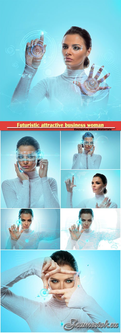 Image of a futuristic attractive business woman wearing virtual glasses working with a holographic hadt against a background of high technology