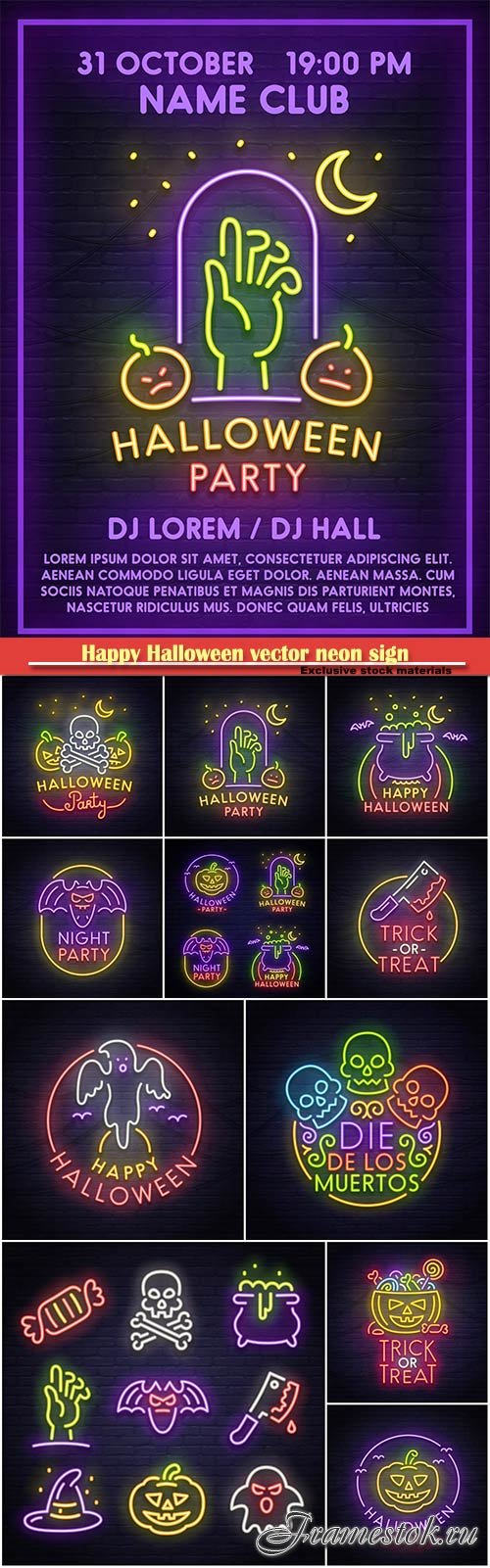 Happy Halloween vector neon sign, bright signboard, light banner