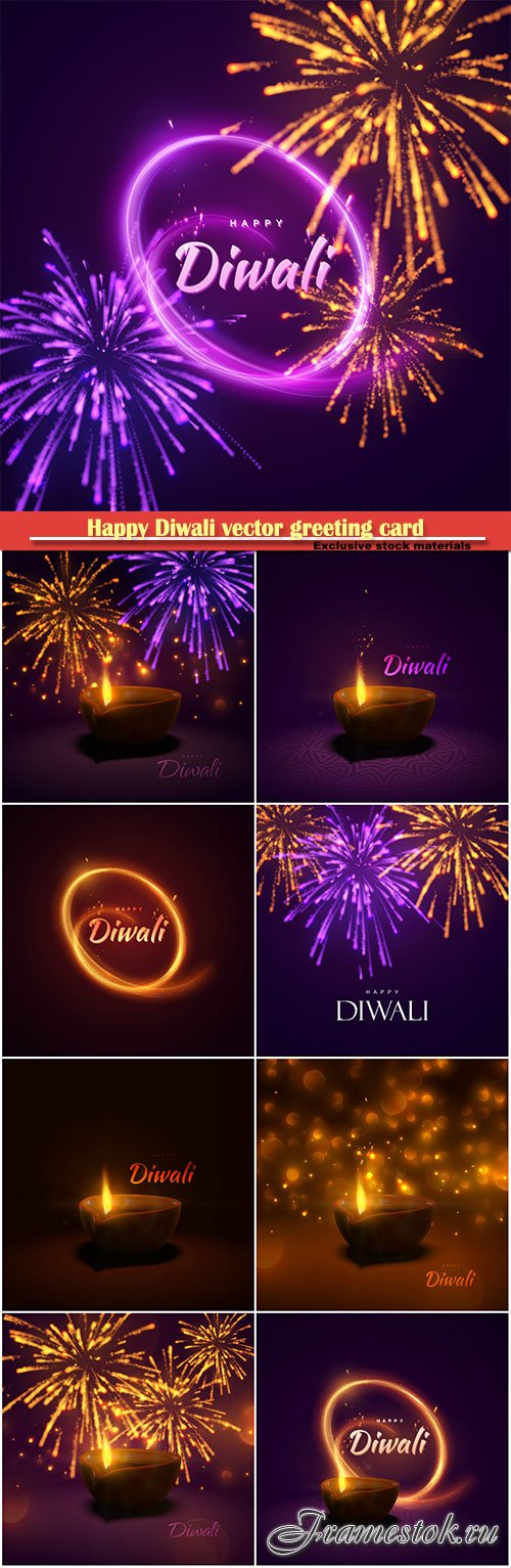 Happy Diwali vector greeting card, indian festival of lights and fire