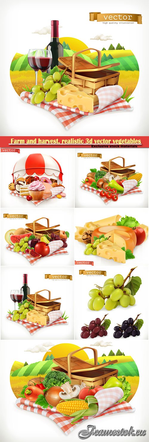 Farm and harvest, realistic 3d vector vegetables, tomato, onion, pepper, carrot and corn
