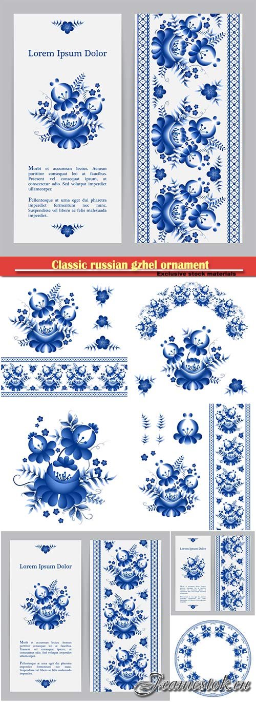 Classic russian gzhel ornament and vector floral elements