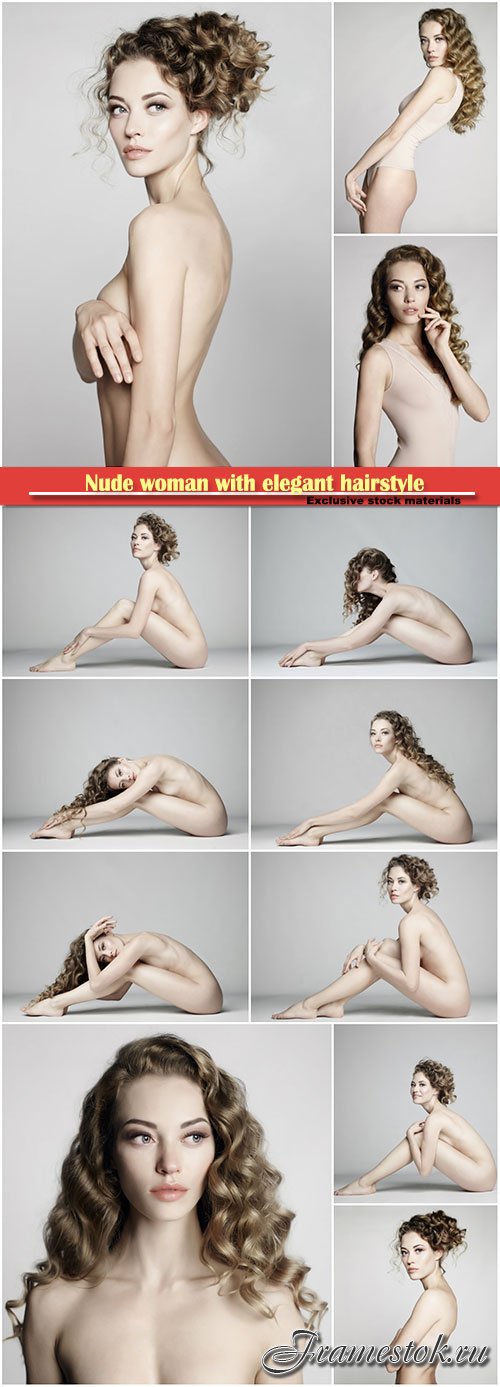 Nude woman with elegant hairstyle on gray background