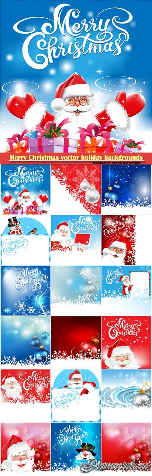 Merry Christmas vector holiday backgrounds, Santa Claus, snowman, Christmas decorations and snowflakes