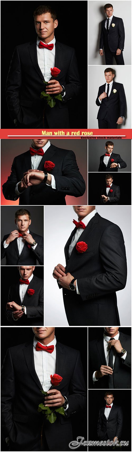 Man with a red rose, a bridegroom in a black suit