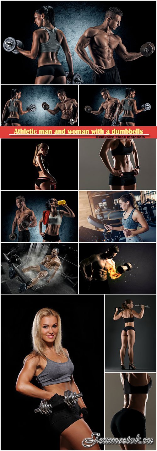 Athletic man and woman with a dumbbells, concept of health and sport