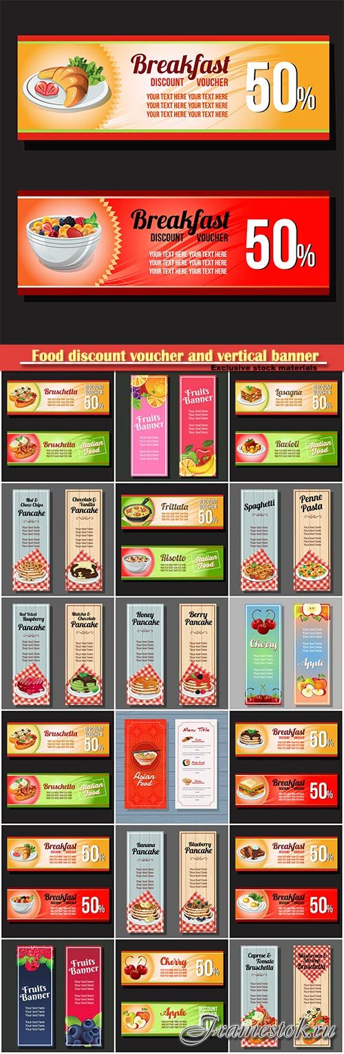 Food discount voucher and vertical vector banner menu