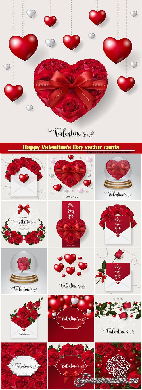 Happy Valentine's Day vector cards, red roses and hearts, romantic backgrounds # 5