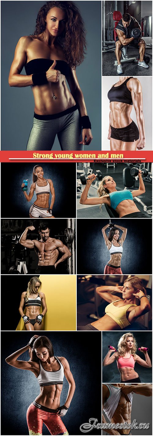 Strong young women and men exercising with dumbbells in gym