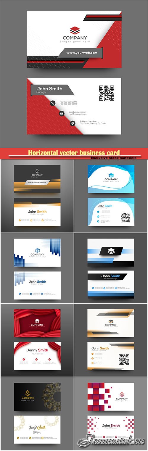 Horizontal vector business card with front and back presentation