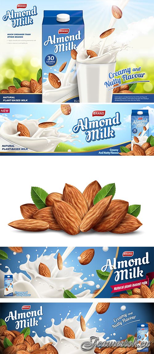 Almond milk ads, paper carton package in 3d illustration