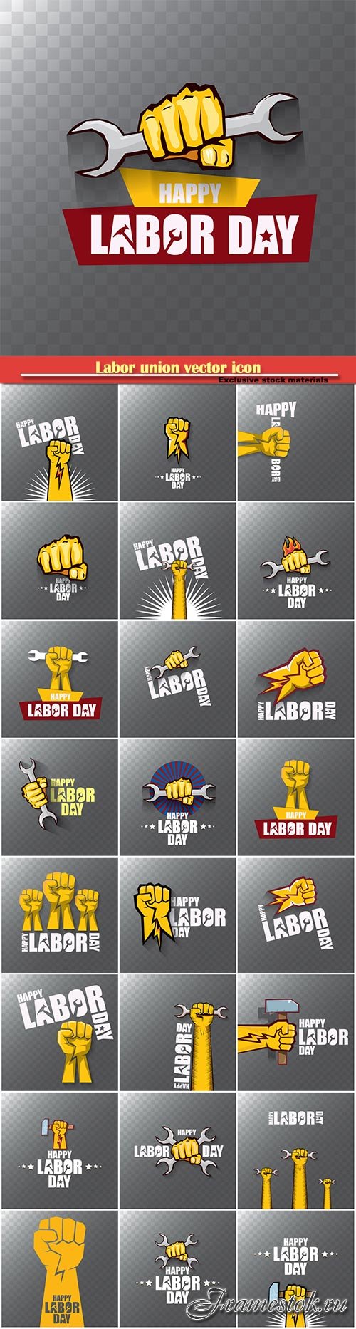 Labor union vector icon, banner with clenched fist isolated on transparent background