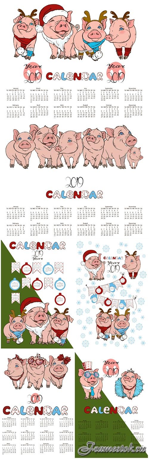 Calendar 2019 with pigs vector illustration