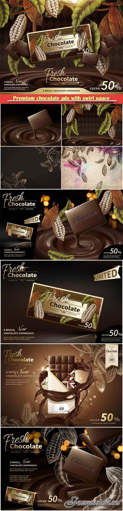 Premium chocolate ads with swirl sauce in 3d illustration, engraved cacao plants elements