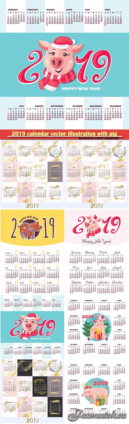 2019 calendar vector illustration with pig