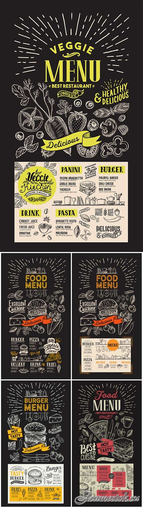 Food flyer menu for restaurant, vintage hand-drawn vector illustrations