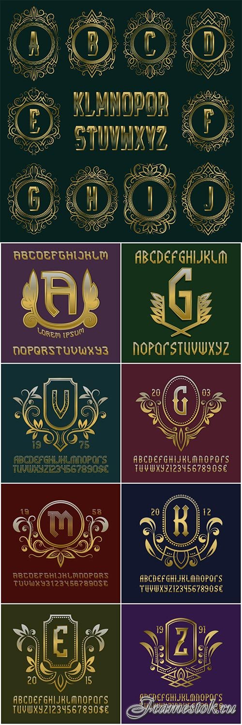 Set of golden vector monograms, luxurious alphabet and logo design elements