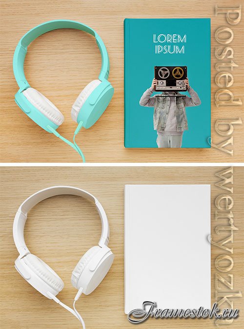 Assortment with book cover mock-up and headphones