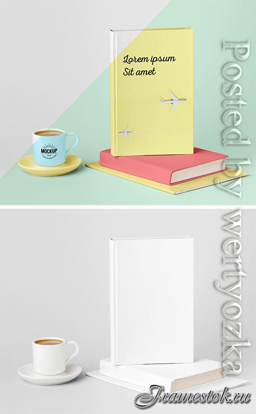 Book cover mock-up assortment with cup of coffee